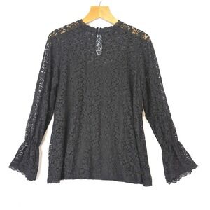 NWT Lord & Taylor Women's 0X Black Lace Mock Neck Bell Sleeve Keyhole Back Top